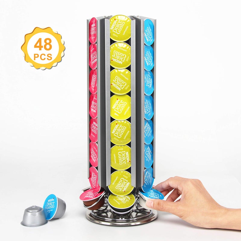 FlagShip Coffee Pod Capsule Holder for Dolce Gusto, Metal Carousel Capsules Pods Organizer Rack, 48 Pods Silver - Image 2